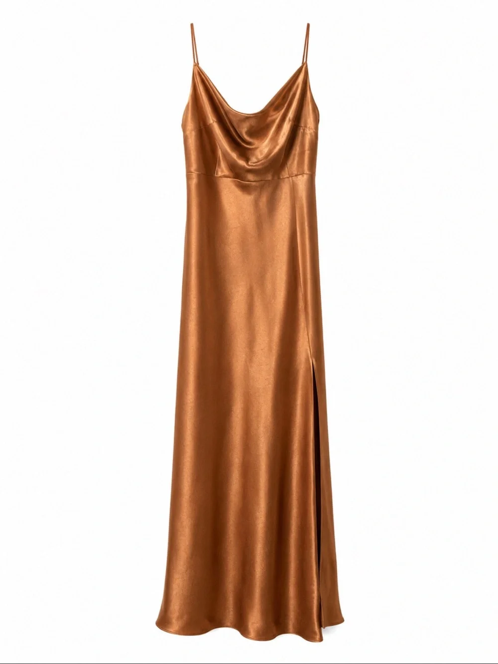 Birdy Grey Copper Satin Cowl Slip Maxi Dress with Thigh Slit